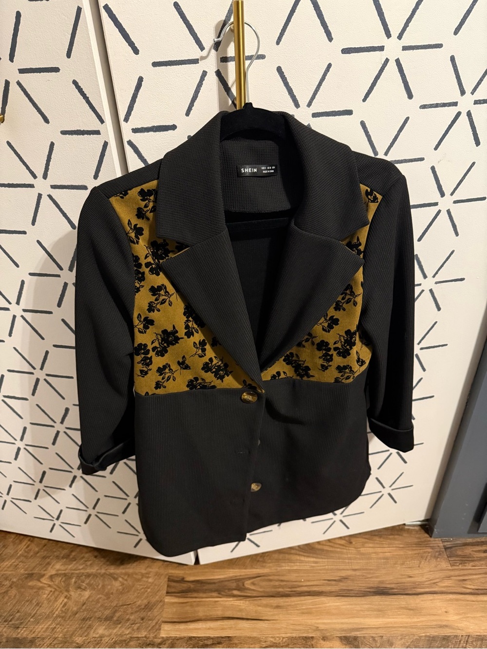 SHEIN Black Blazer with Olive Floral Velvet Insets